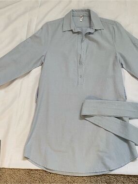 Thayer Light Blue Casual Button-Down Tunic Shirt with Waist Tie
